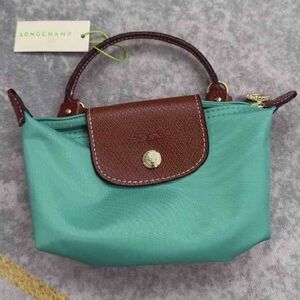 Longchamp Small Le Pliage Top-Handle Nylon Pouch - Turquoise with Brown Trim